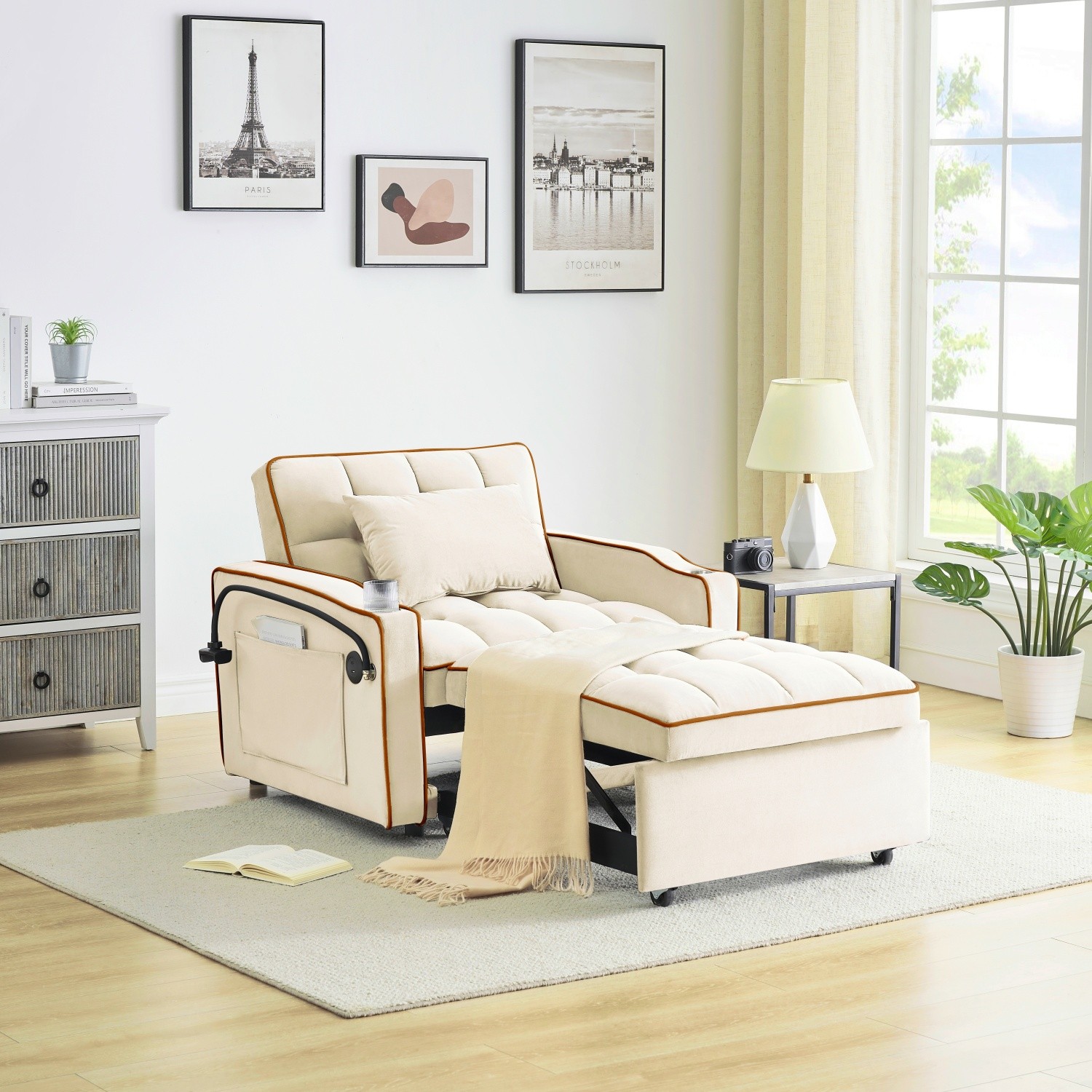 Modern Velvet Convertible Sofa Bed 3 in 1 Folding Sleeper Chair with USB Port