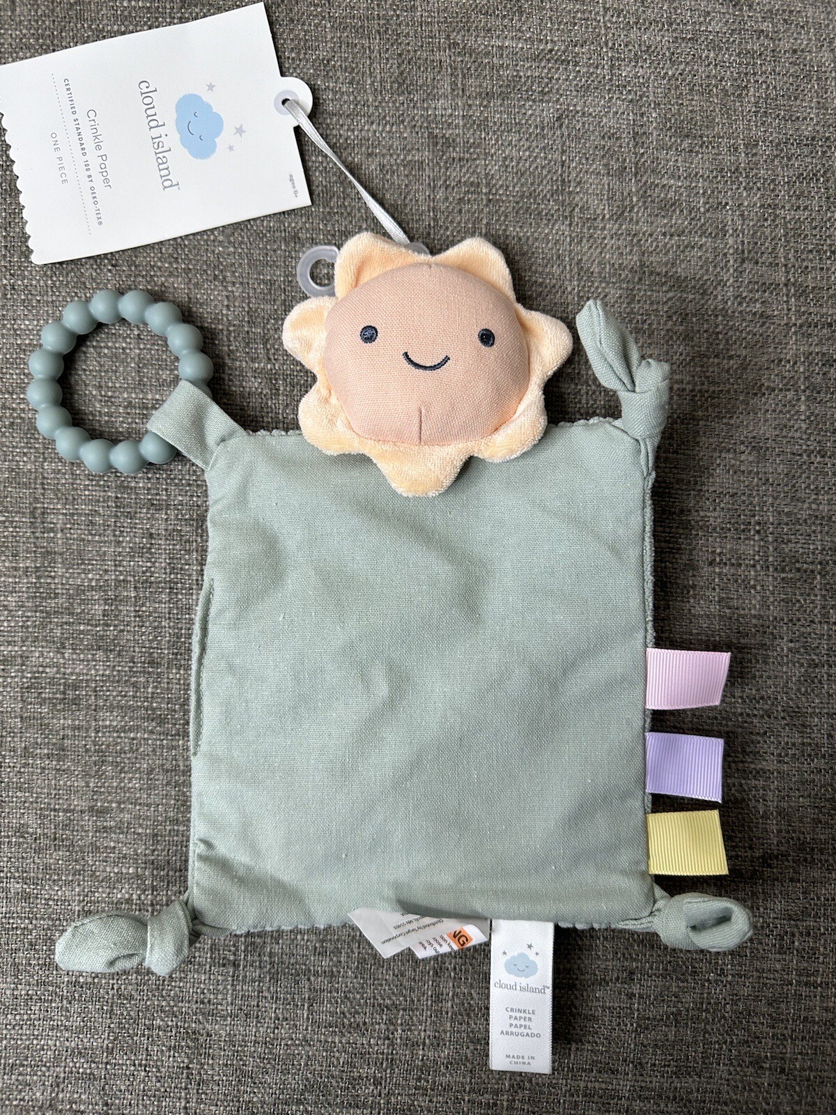 Cloud Island Green One Piece Square Lovey Crinkle Baby Toy Teether Ring