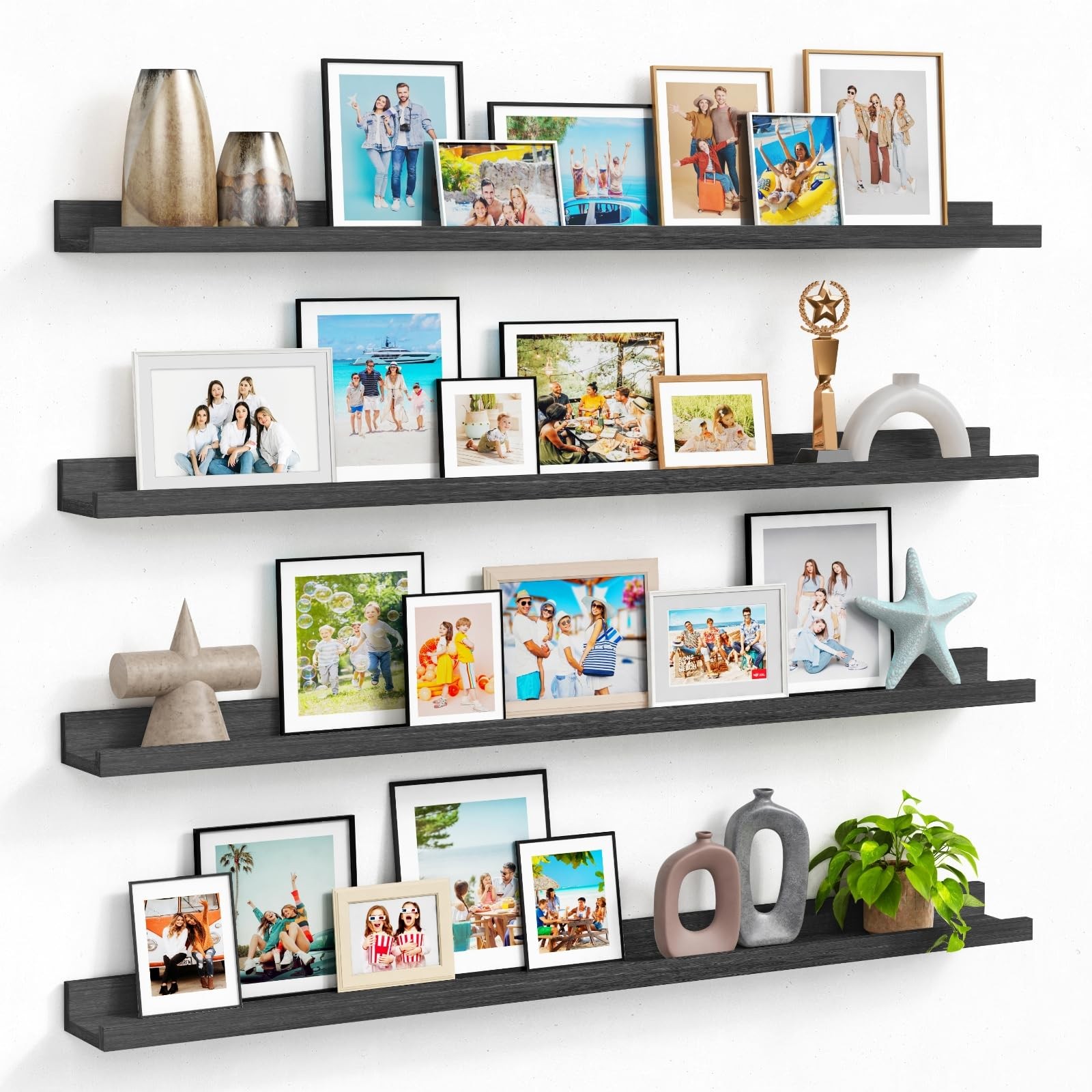 48 Inch Black Picture Ledge Shelf Set of 4, Extra Long Floating Shelves for W...