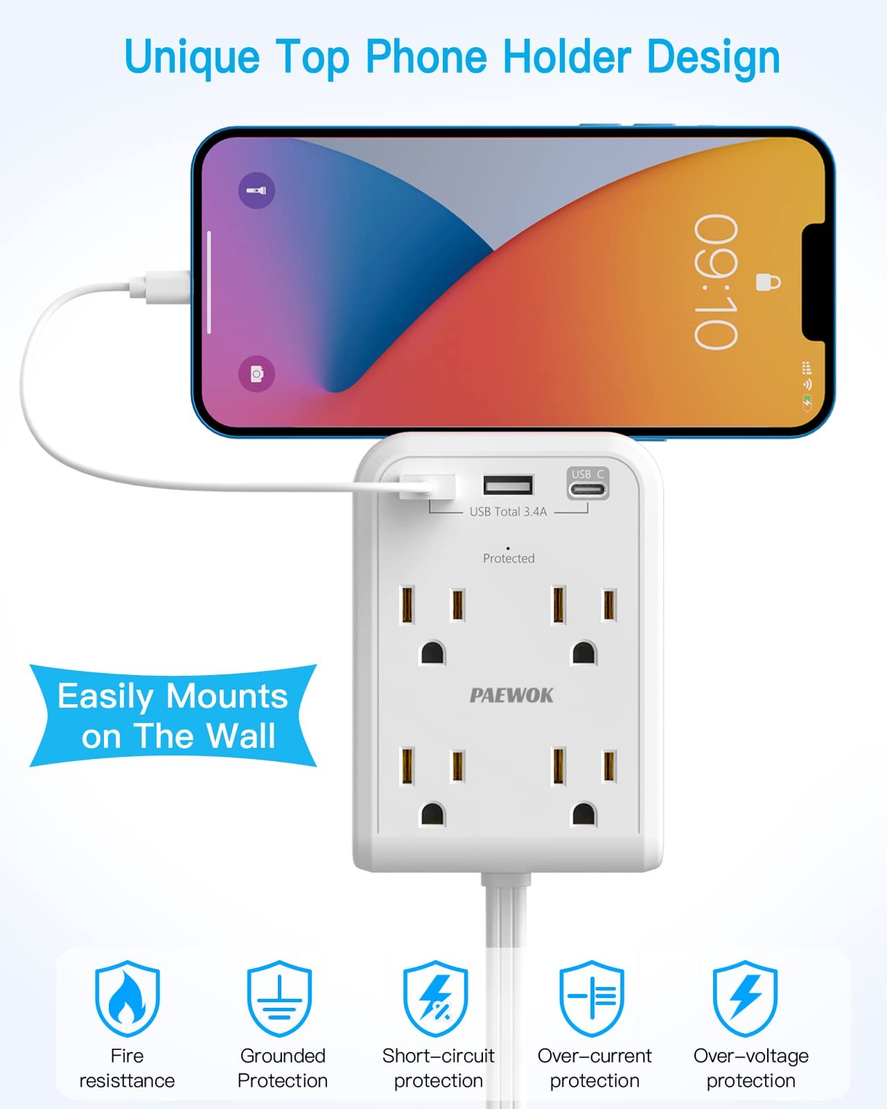 Surge Protector Power Strip, Outlet Extender Stick with USB C 4 FT, White