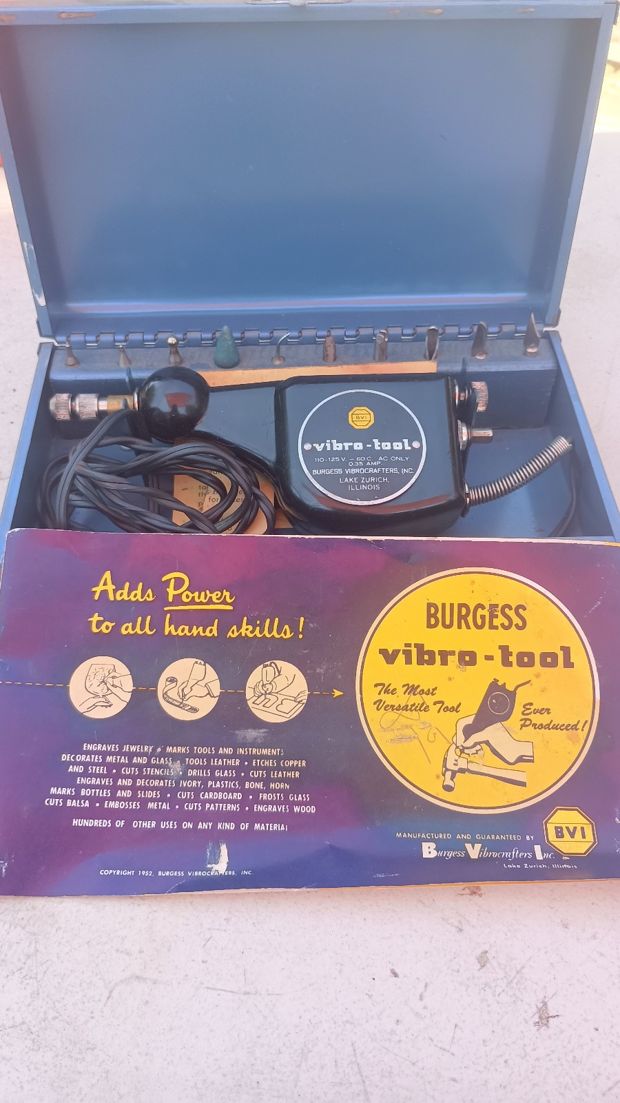 Vintage Burgess Vibra Tool & 10 Attachment Tips & Booklet As Is Cracked Housing
