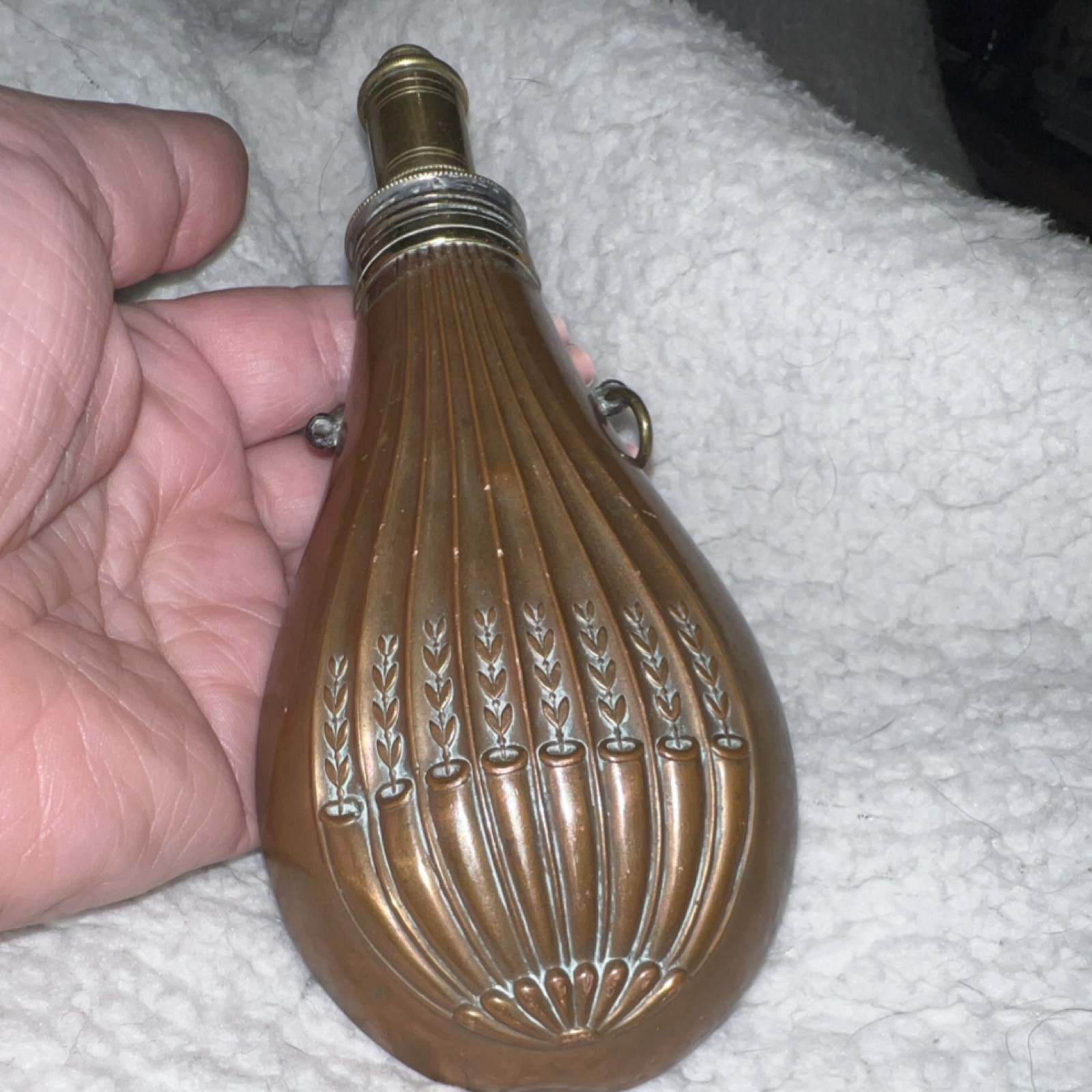 Antique Copper & Brass Black Powder Flask for Muzzleloader Rifle 6.5” long