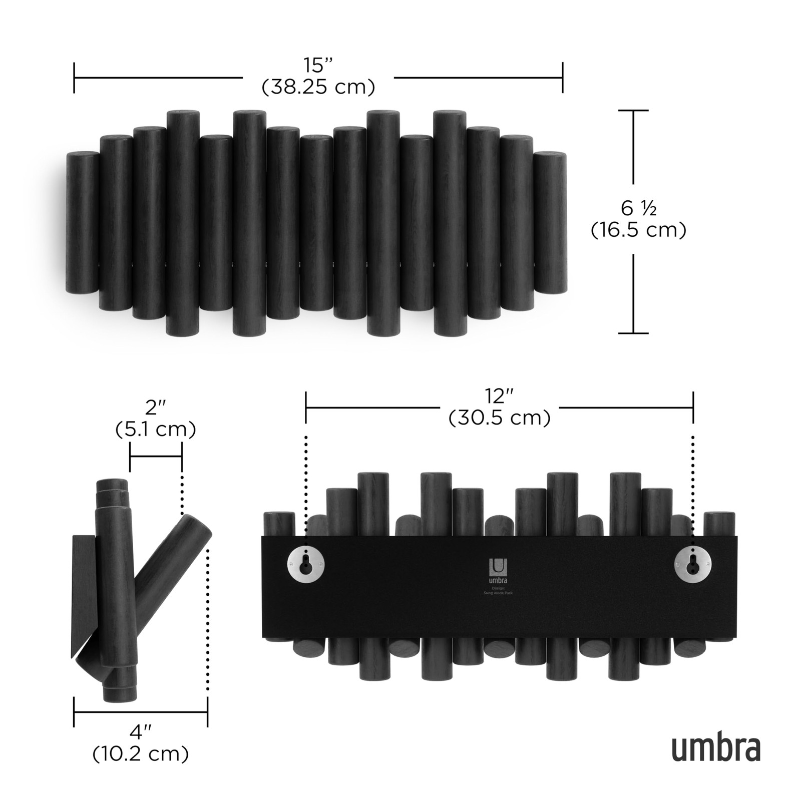 Umbra Picket Wall-Mounted Coat Rack Rail Hook with 5 5-Hook, Black