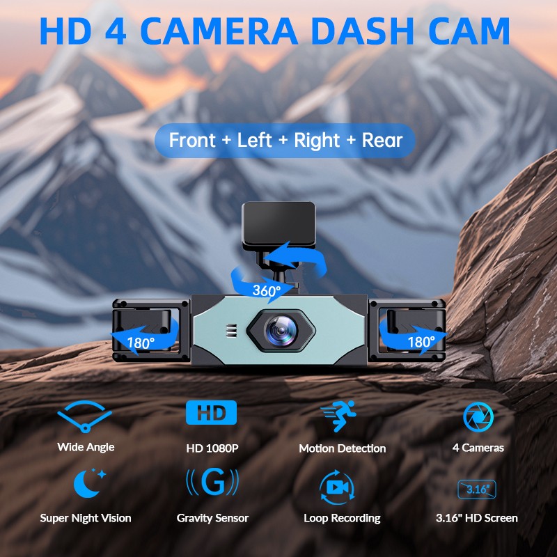 360 Degree View 4 Channel Dash Cam Front and Rear Inside Left Right, Dash Camera