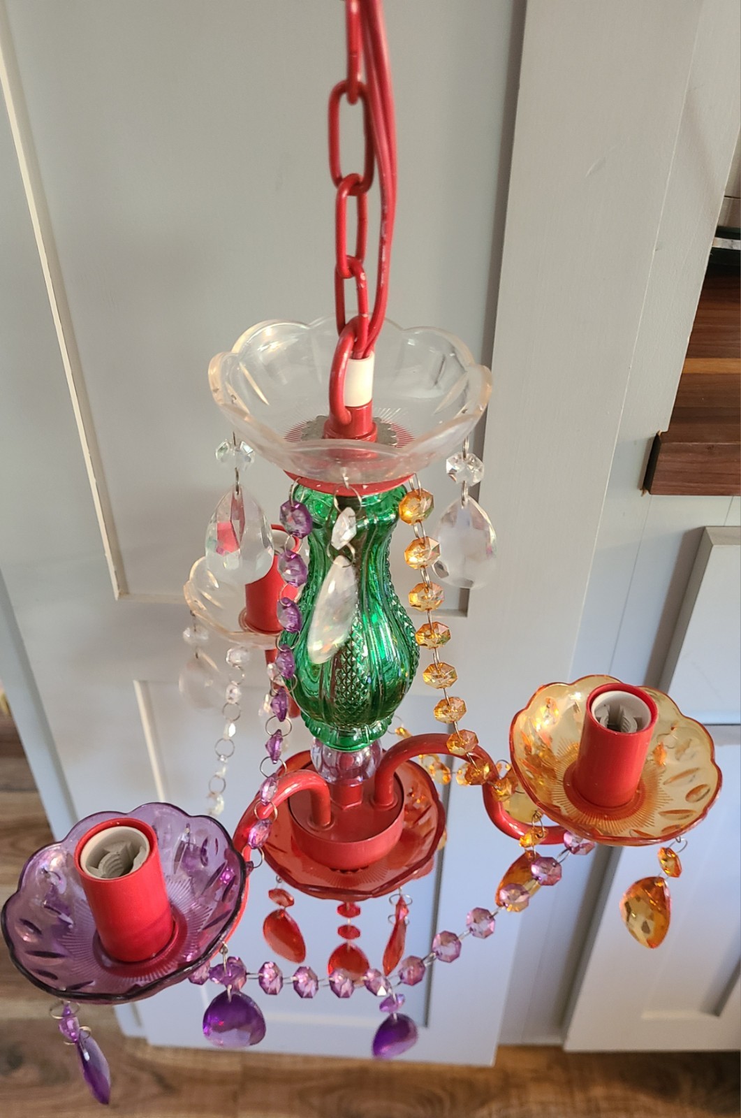 Multicolor 3 Light Chandelier Acrylic Crystal Glass Central Stem Plug In