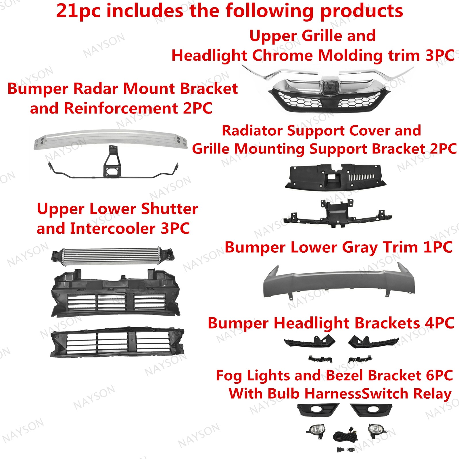 For CRV 2017-19 Front Bumper Impact Bar/Intercooler/Fog Light/Grille/Shutter Kit
