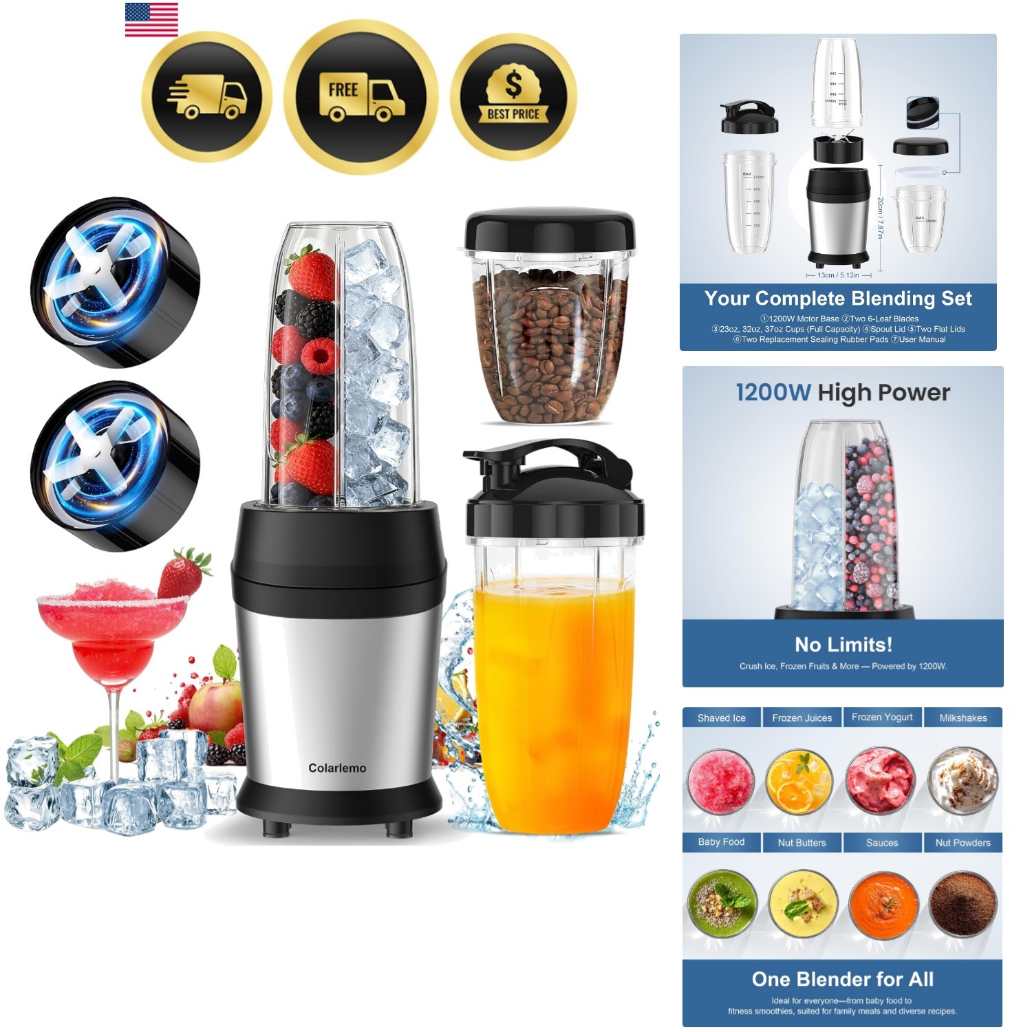 Smoothie Blender Maker Portable Ice Crushing 3 Cups 1200W Stainless Steel Blades