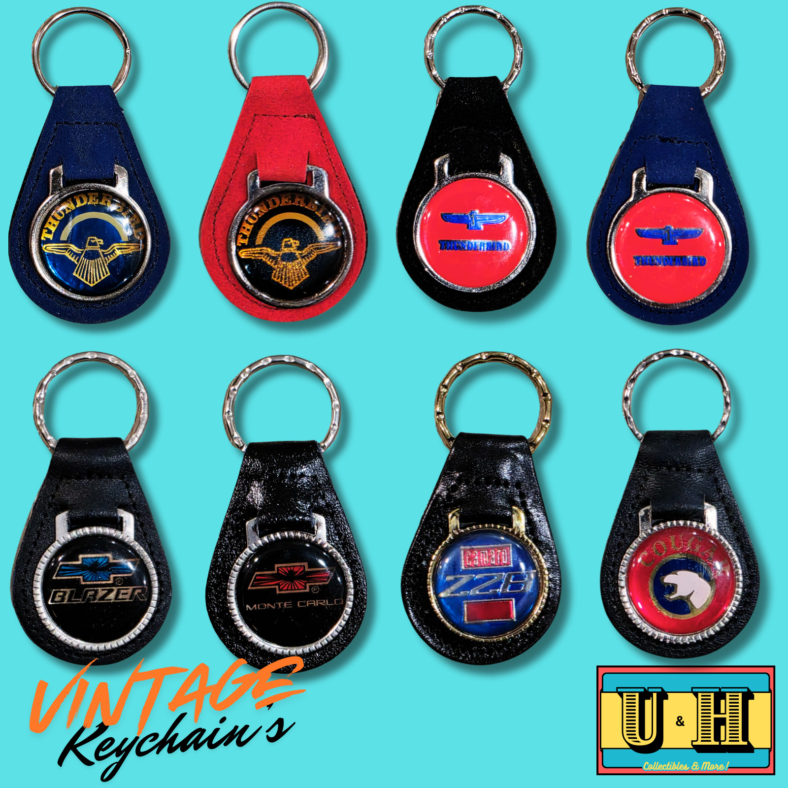 Vintage Keychain COUGAR, Z28, THUNDERBIRD Logo Car Key Fob Rings LEATHER & METAL