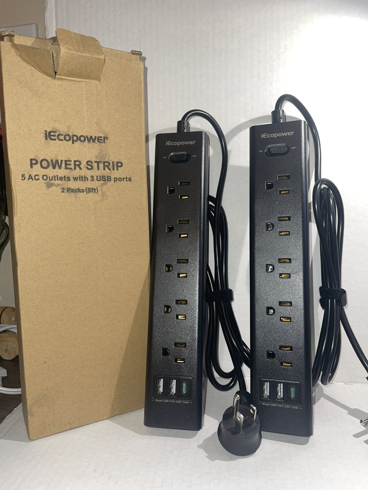 iEcopower Black Power Strip with Cord 5 AC Outlets with 3 USB Tested  2pack