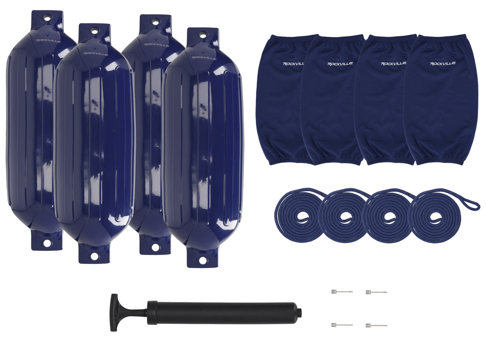 Rockville FEN410-NAVY BLUE Boat 10" Fender Package 4 Bumpers, 4 Covers, 4 Lines