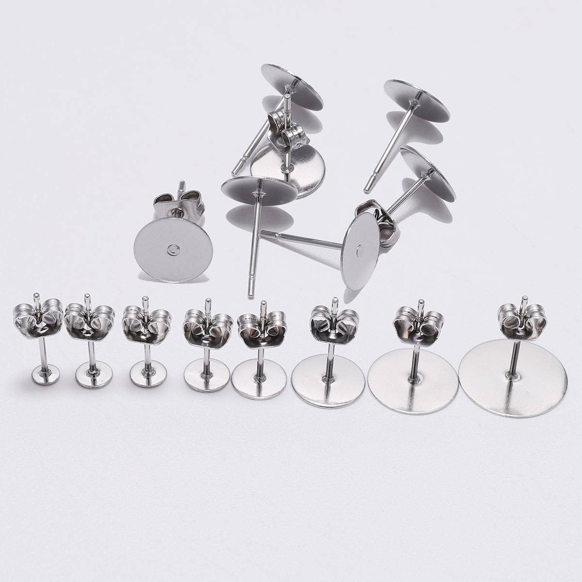 100pcs Stainless Steel Flat Earring Post & Ear Safety Back Stopper Set 3~12mm
