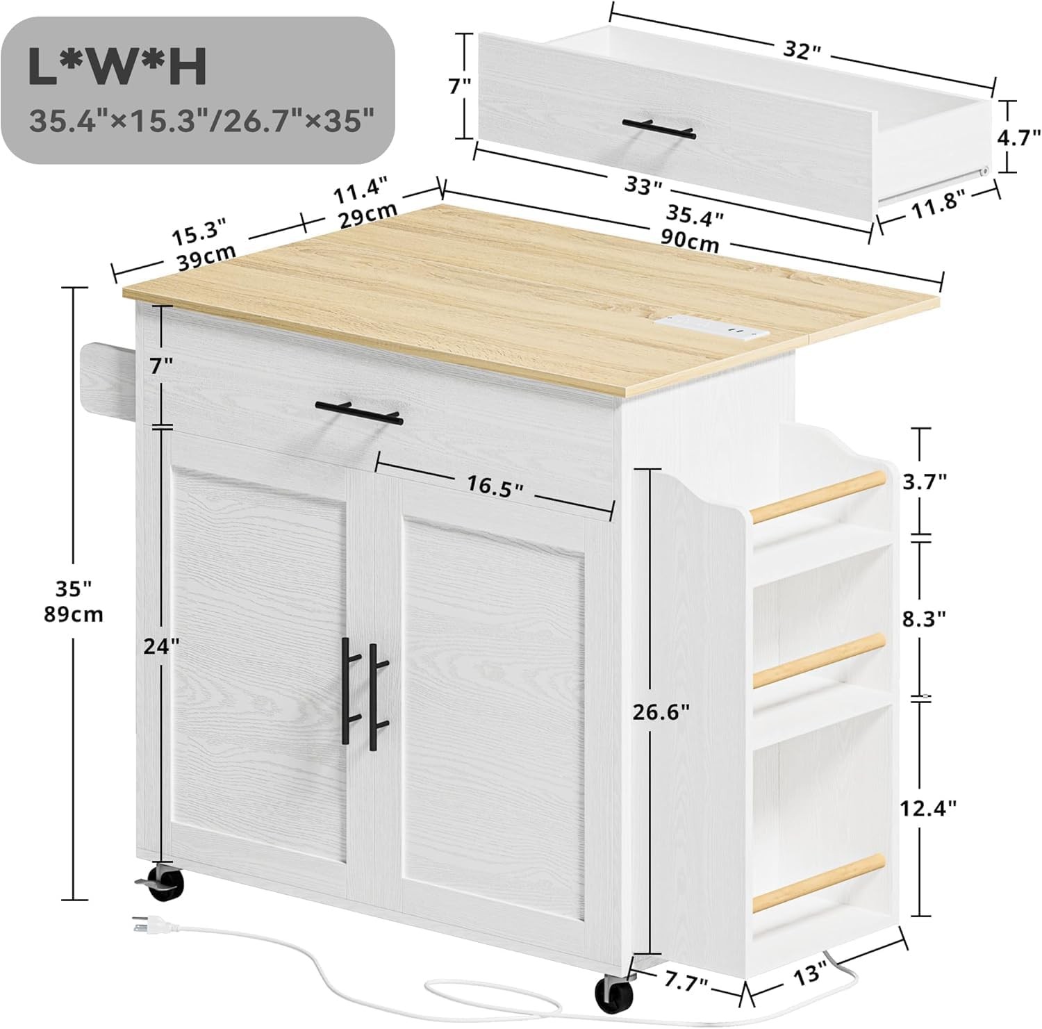 Kitchen Island with Storage, Rolling Kitchen Island on Wheels with Drop Leaf, 3