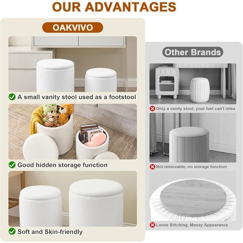 Round Velvet Ottoman Storage Stool Nesting Set Multifunctional Footrest 2-in-1