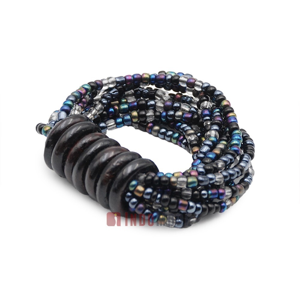 WOMEN’S BALI BRACELET – Clear Rainbow Chrome10-Strand 2-3mm Glass Beads Elastic