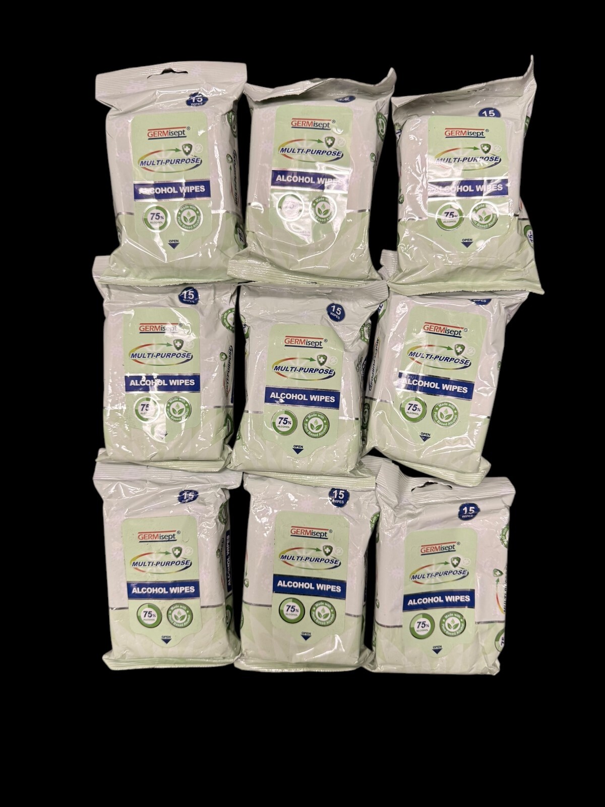 Travel size  Alcohol Wipes -Pack of 15 Wipes Lot Of 9 Packages Germisept