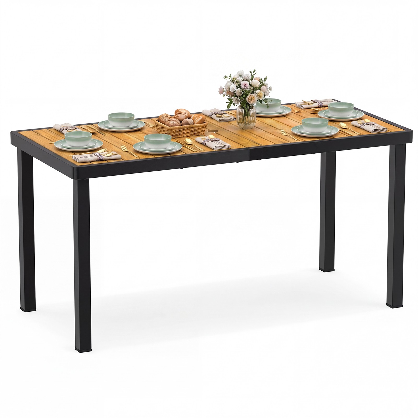 Acacia Wood Outdoor Dining Table, Rectangular Patio Table w/ 1.97" Umbrella Hole