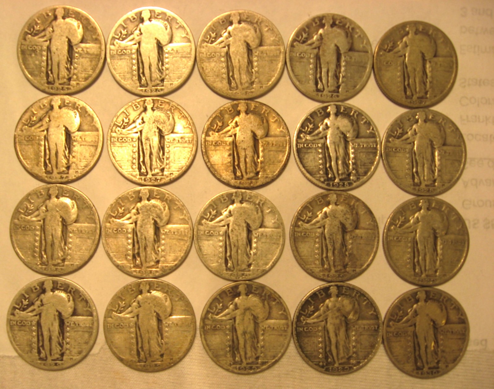 Lot of 20 - 1925-1930 Various Standing Liberty Silver Quarters - Full Dates