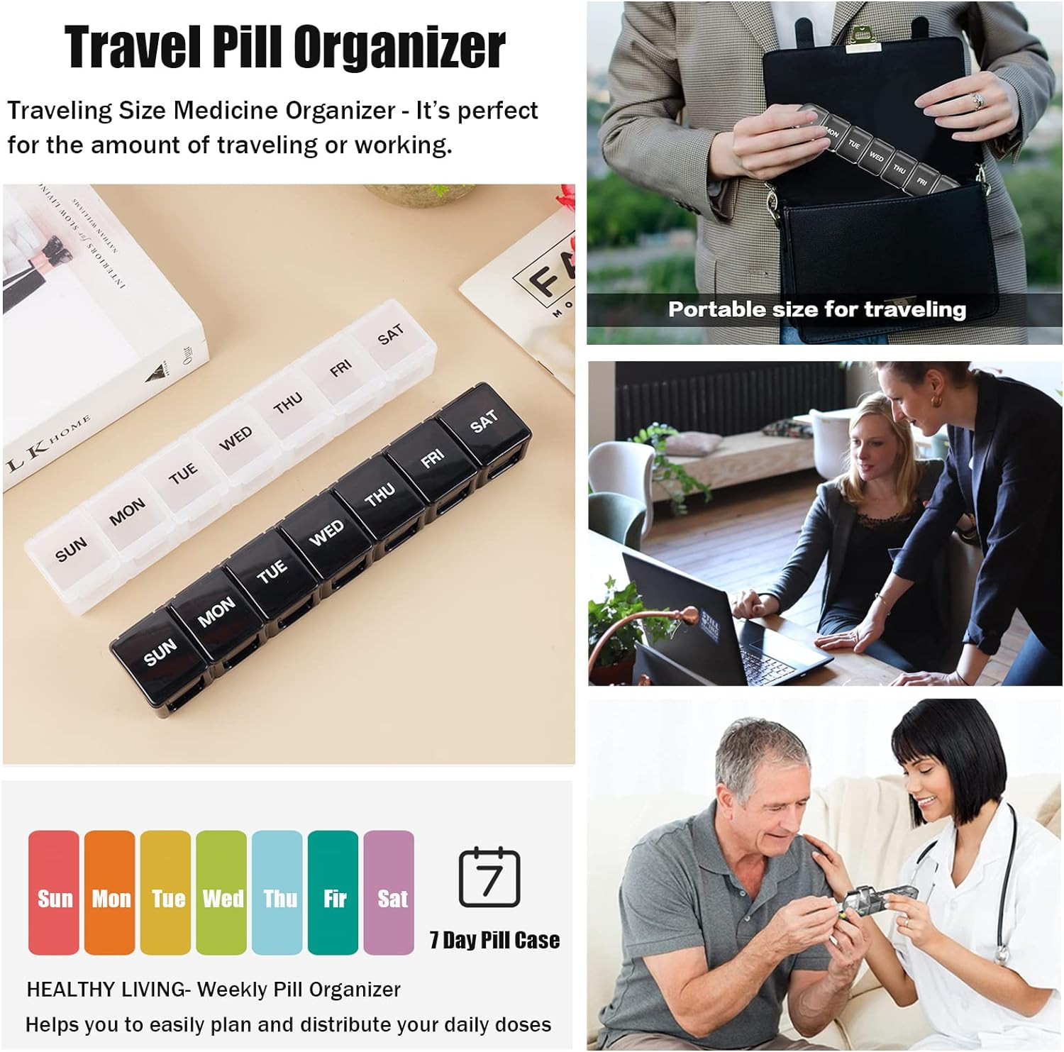2 Pack Weekly Pill Organizer, Large 7 Day Pill Case, Daily Vitamin Case Medic...