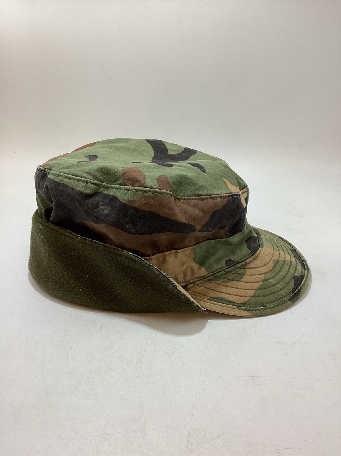 Vtg Military Issued Patrol Hat Cap Woodland Camouflage Cold Weather Ear Flap