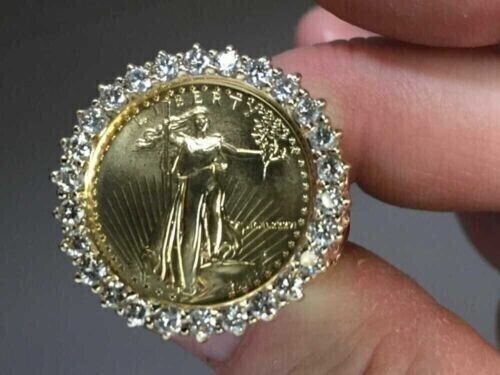 Lady Liberty Coin 3Ct Real Moissanite Nugget Ring 14K Yellow Gold Plated