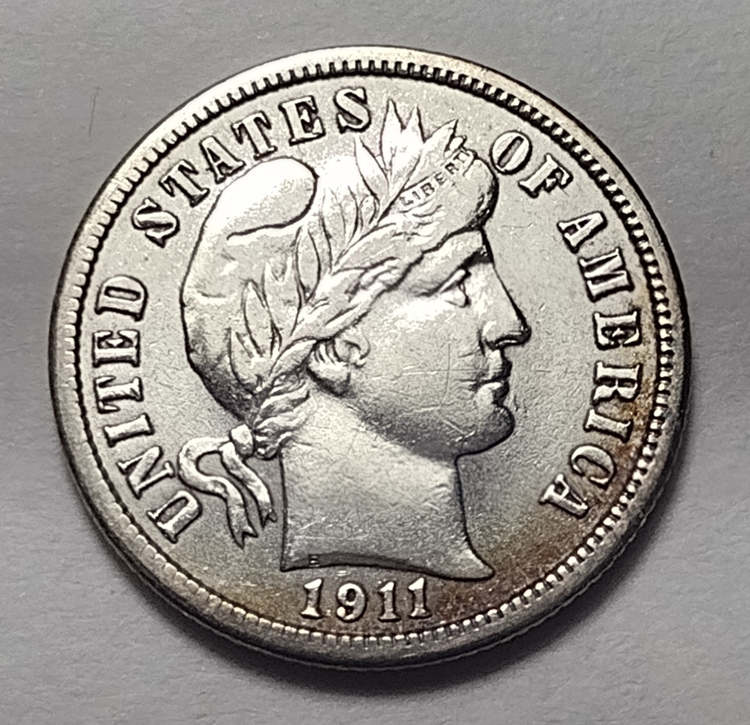 1911 Barber Silver Dime Full Liberty AU Almost Uncirculated Details With Toning