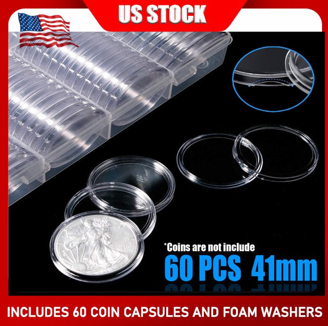 41mm 1.61in Clear Coin Capsules Storage Box Holder  Case Coins Container 60Pcs