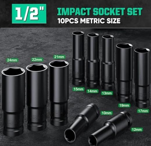 Deep Impact Socket Set 1/2 Inch, 10Pcs Drive Master Deep 10 PCS (10mm - 24mm)