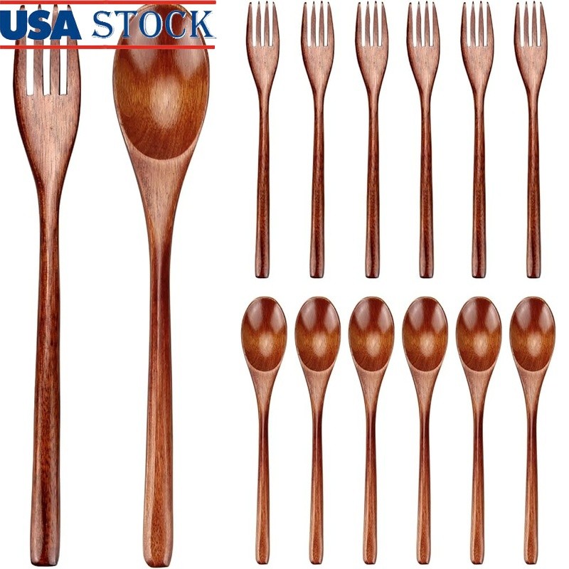 12 Piece Wooden Cutlery Set Non Stick Forks Spoons Eco Friendly Handmade Durable