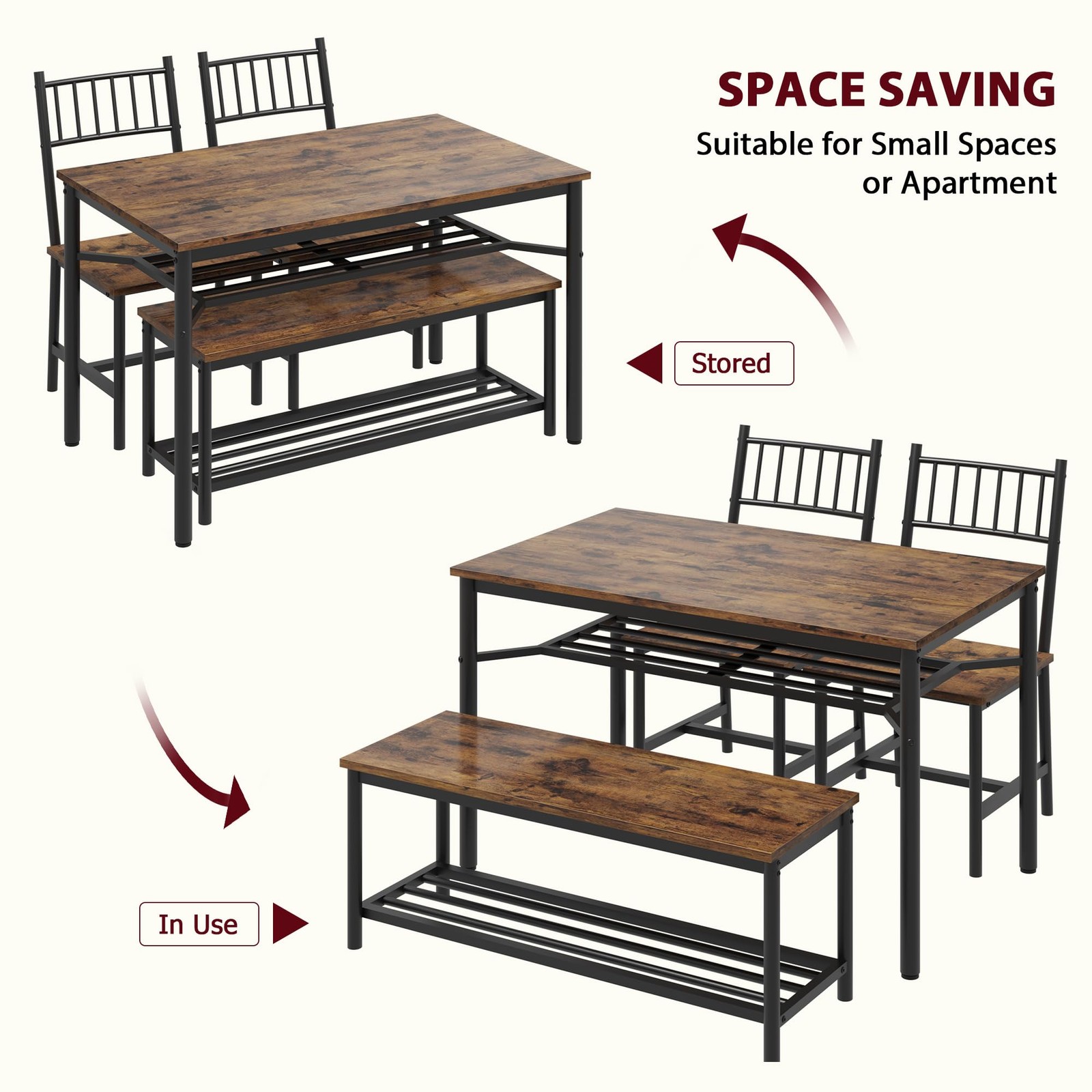 Dining Table Set for 4 ,Kitchen Table with Chairs & Bench and Storage Wine Rack