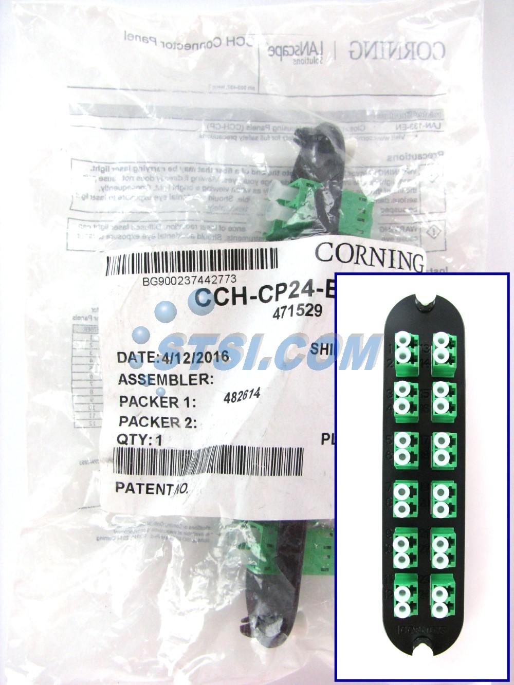 Corning CCH-CP24-B3 Panel, 12 LC Duplex OS2 SM APC Adapters, 24-Fiber ~STSI