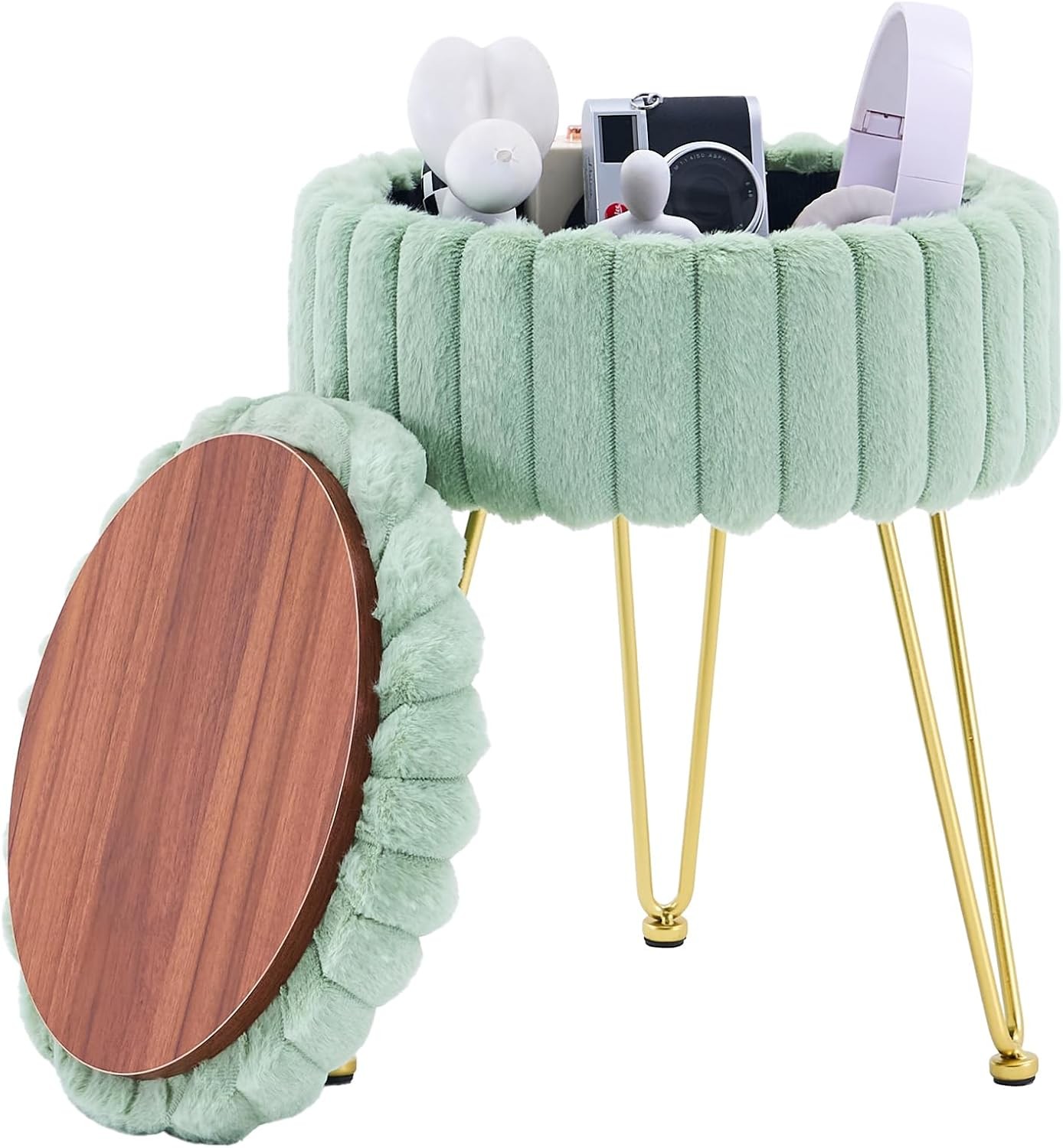 Vanity Stool W/ Storage Faux Fur Ottoman Chair W/ Metal Legs Round Makeup Vanity