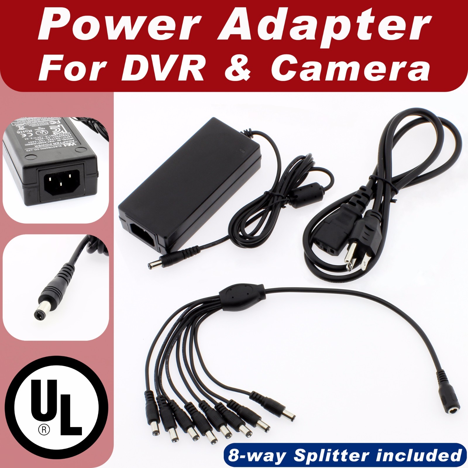 DC 12V 5A Power Supply Adapter +8 Split Power Cable for Lorex UL EMI