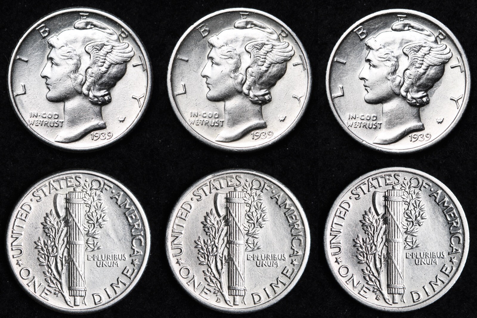 1939 & 1939-D & 1939-S Mercury Silver Dime Nice AU 3 Coin Lot FREE SHIPPING