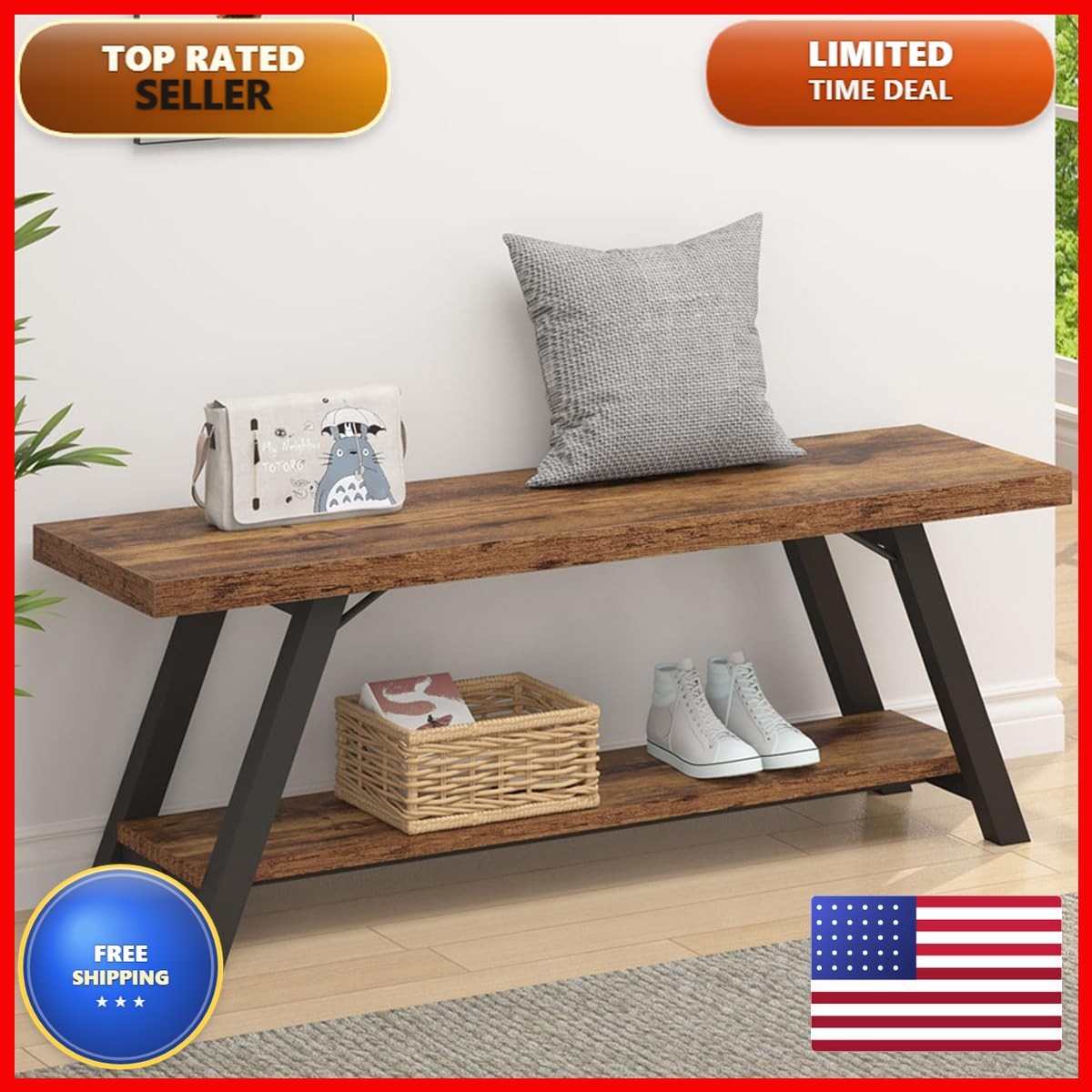 Lvb Wood Bench Industrial Storage Entryway Indoor Bench For Bedroom Hallway
