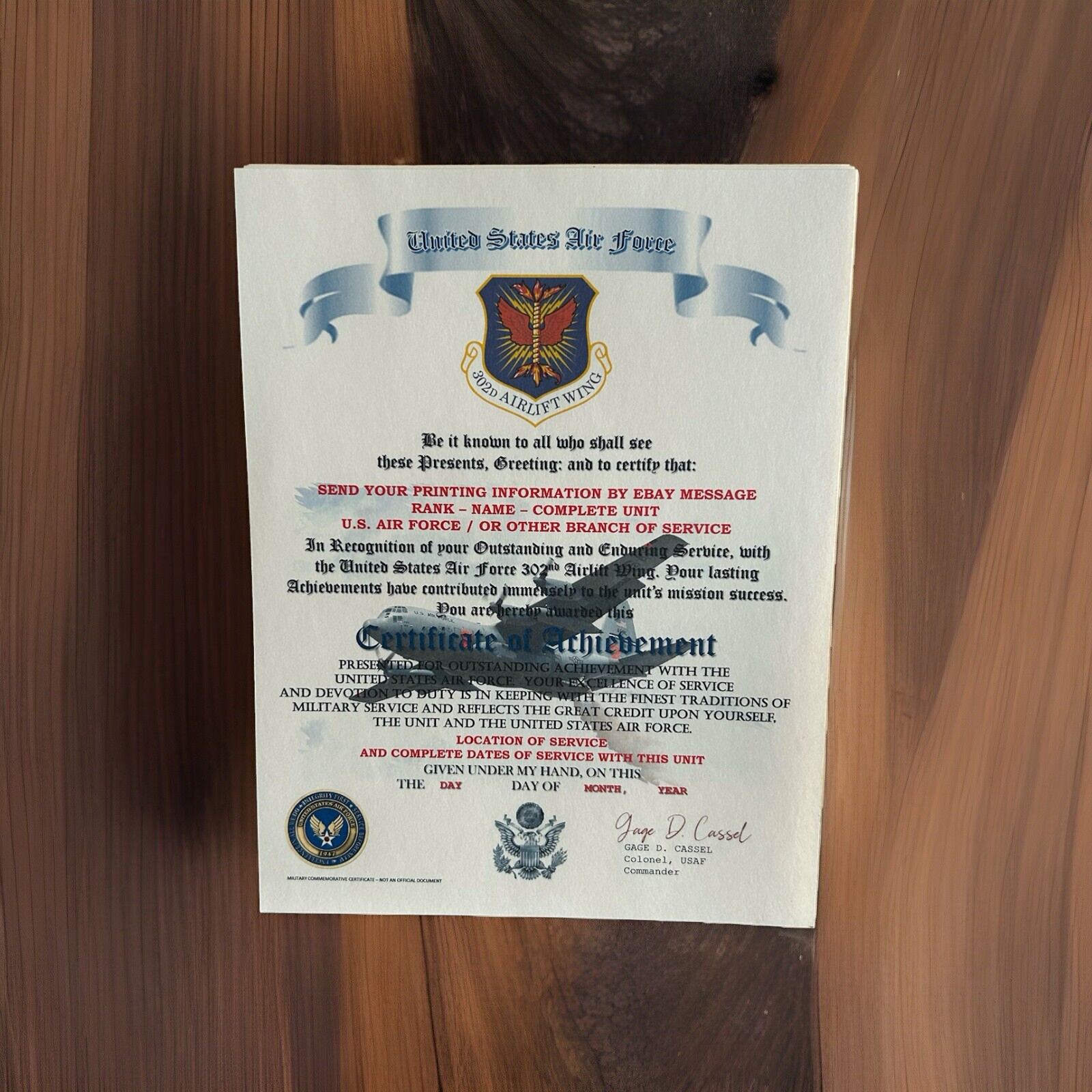 U.S.A.F. / AIR FORCE 302ND AIRLIFT WING - CERTIFICATE OF ACHIEVEMENT