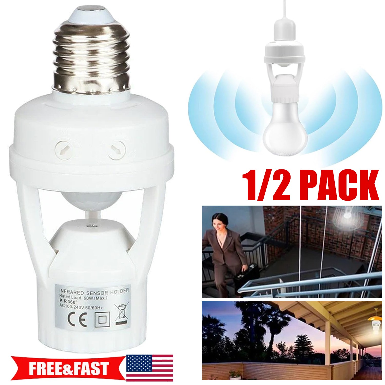2x Motion Sensor Light Socket,E26/E27 Smart Lamp Bulb Holder Adapter Auto On/Off