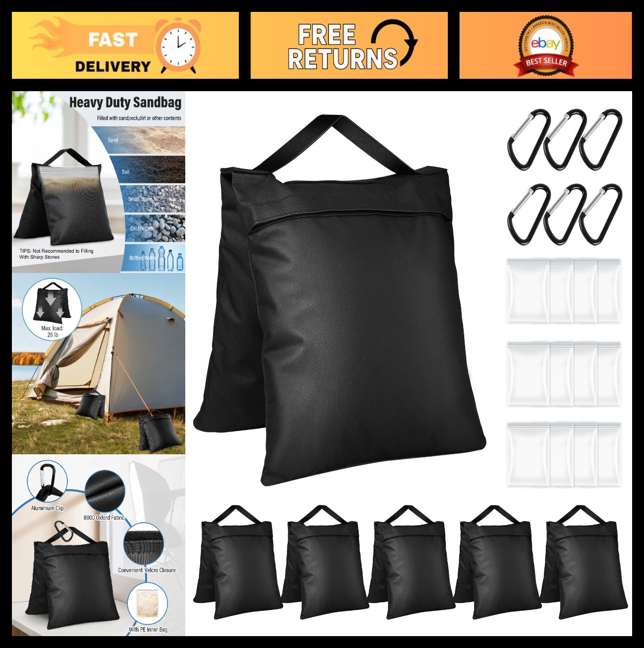 6 Pack Heavy Duty Sandbags for Photography Light Stands, Tripods, Tents & More
