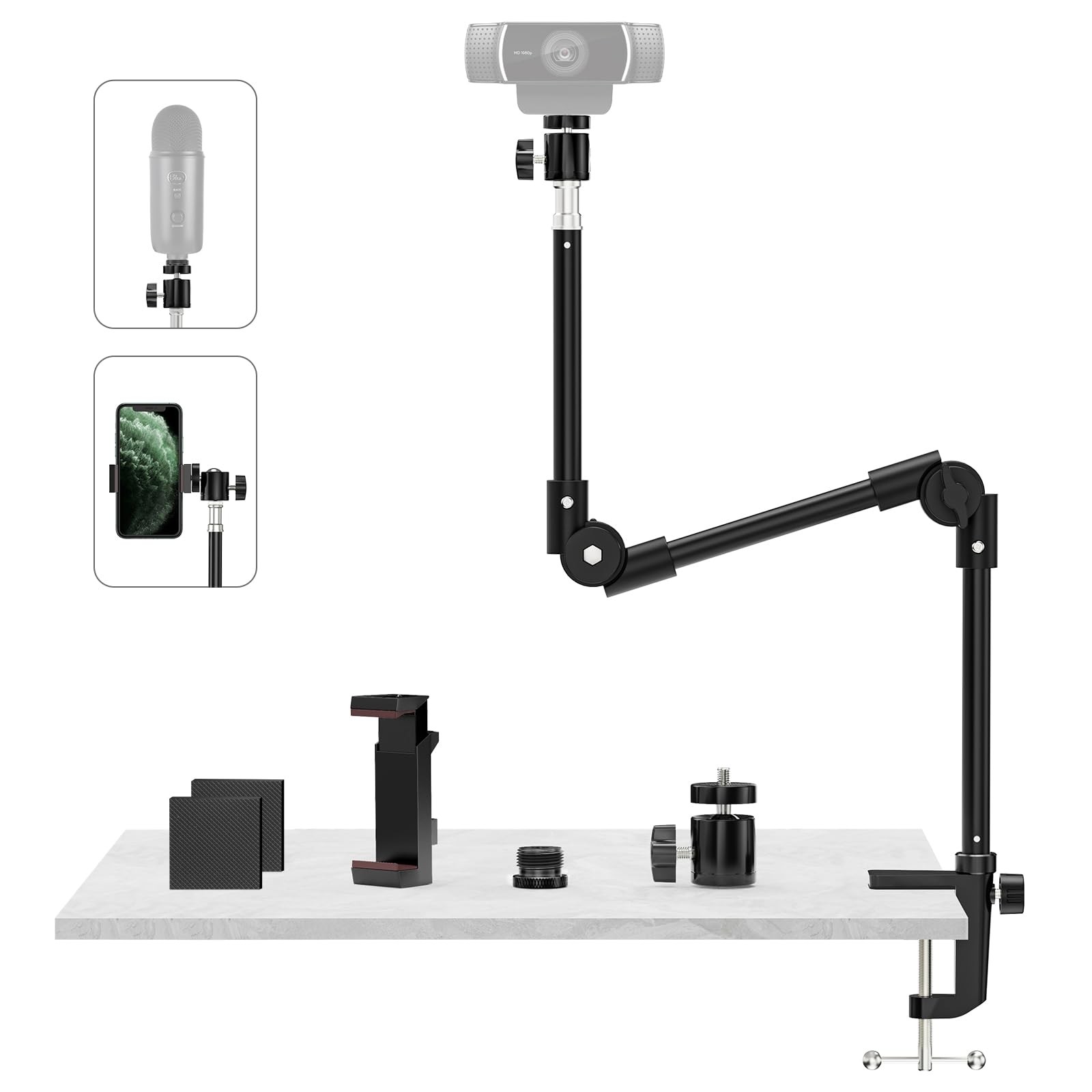 Webcam Stand Camera Desk Mount with Phone Holder & 5/8" Screw  22" Flexible P...