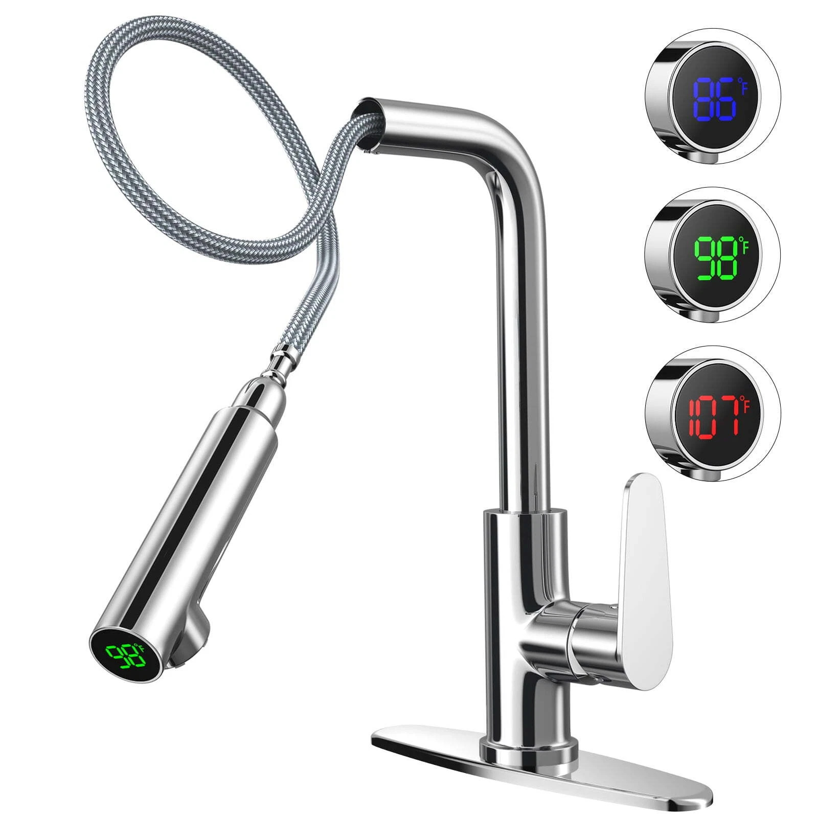 Digital Display Kitchen Faucet with Pull Down Sprayer, Single Handle High Arc