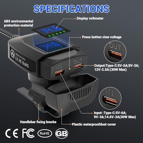 30W Motorcycle USB C Charger - Fast Charging & Reverse Charging with USB C