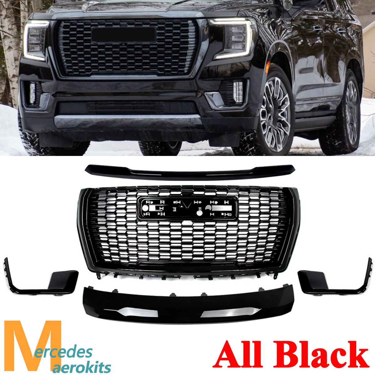 Black 5PCS/Set Front Grille Hood Trim Molding For GMC Yukon XL Denali 2021-2023