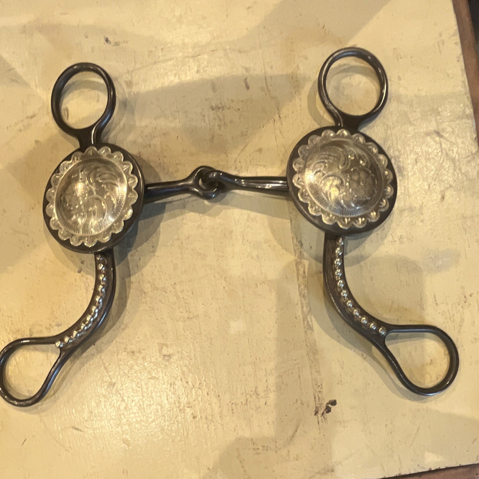 Western Grazing Snaffle Bit w/ Engraved Silver Conchos & Shanks; Approx 7"