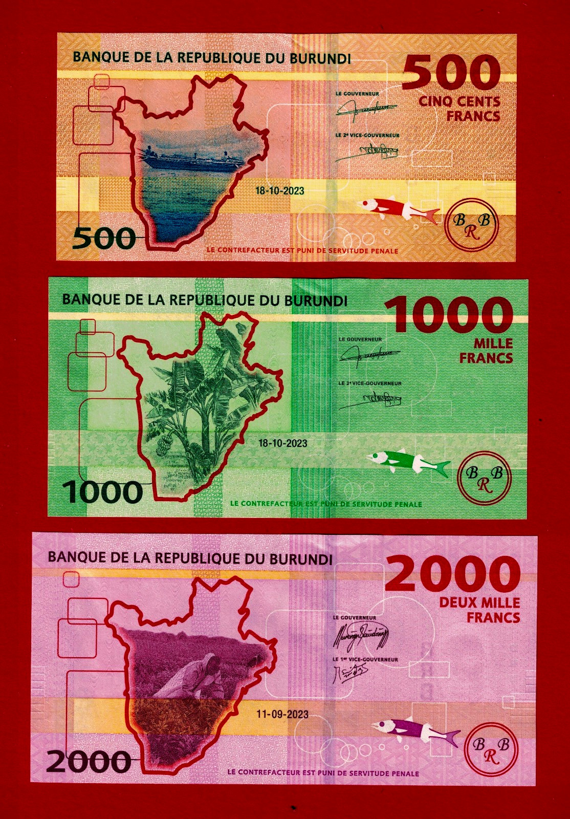 BURUNDI 2023 UNC NOTES 500 Francs (P-50), 1000 Francs (P-51) & 2000 Francs P-52