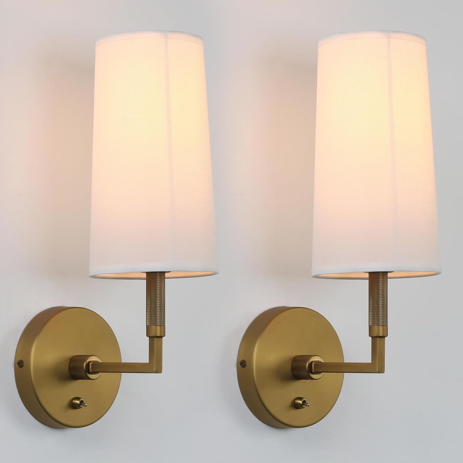 Brass Wall Sconces Set of 2 with White Fabric Shades for Indoor Use