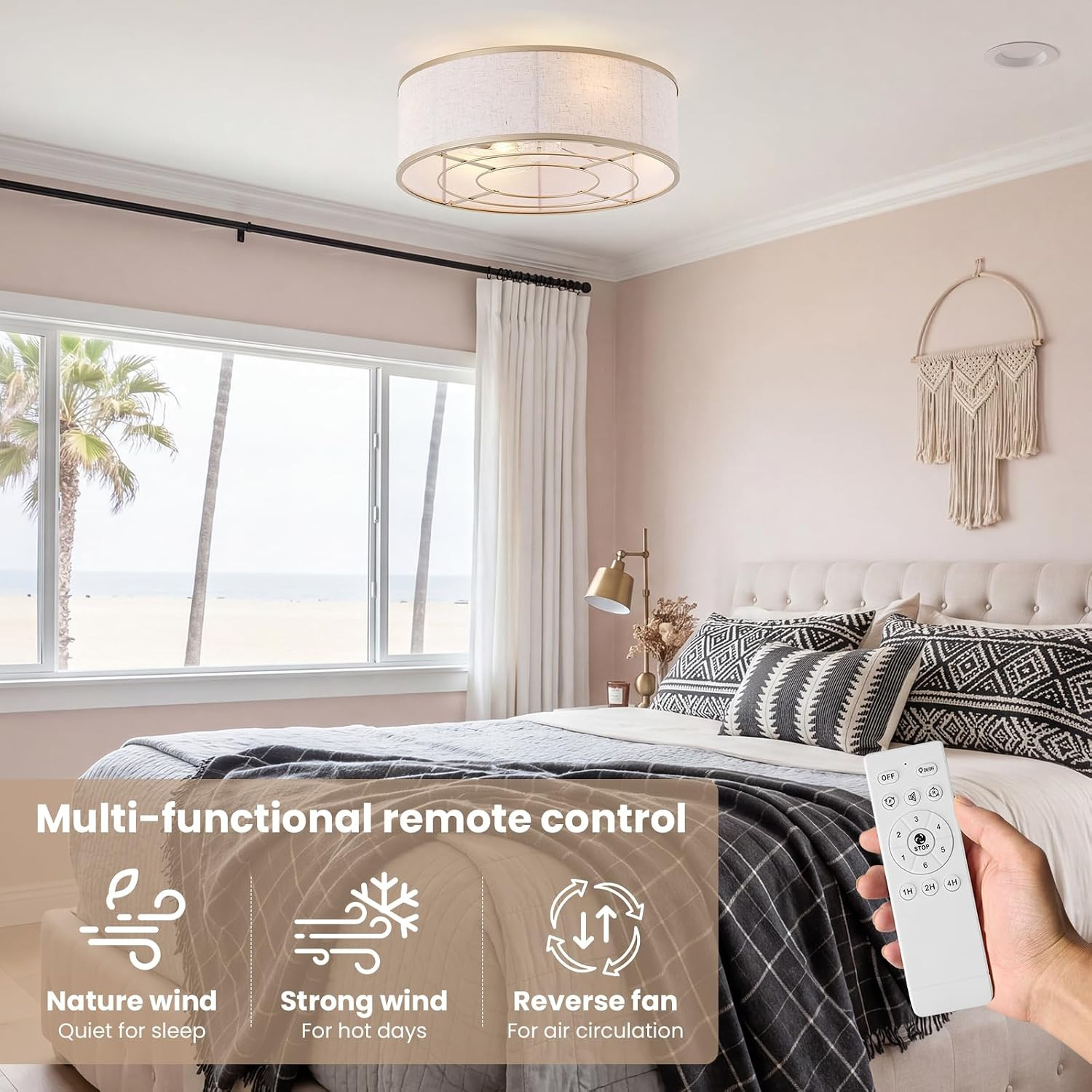 20 Inch Boho Ceiling Fan with Light, Low Profile Flush Mount Caged Ceiling Fan,