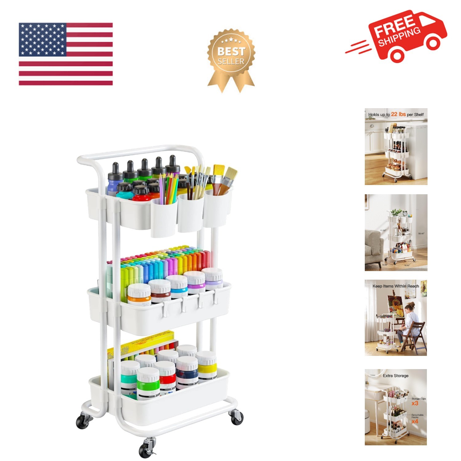 3 Tier Rolling Cart - Art & Craft Organizer Cart with Hanging Cups & Hooks - ...