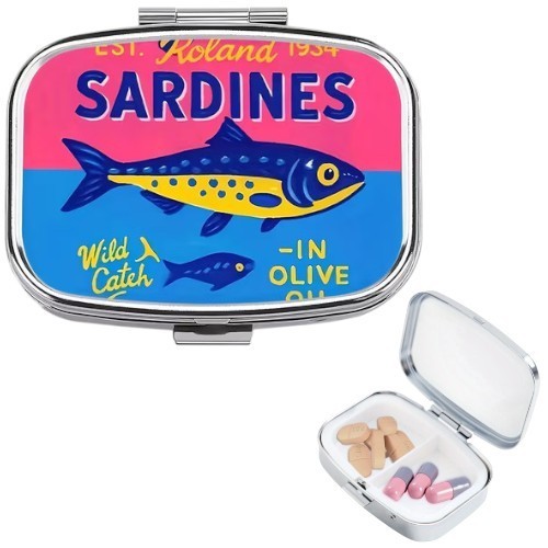 Sardines Design Portable Pill Organizer for Travel, Purse, Pocket 2 Compartment