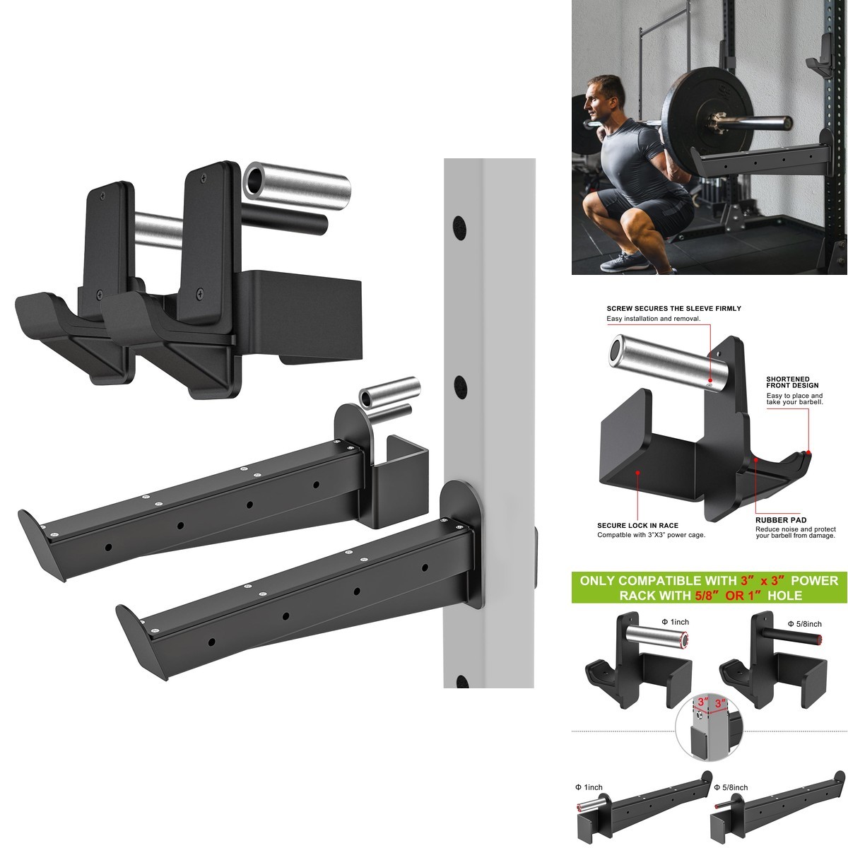 Kipika J-Hooks And Safety Spotter Arms 3" x 3" Power Racks 5/8" Or 1" Hole