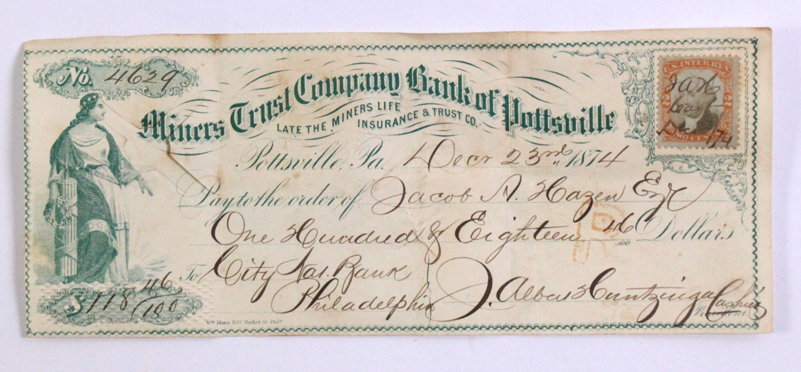 Miners Trust Company Bank of Pottsville Check