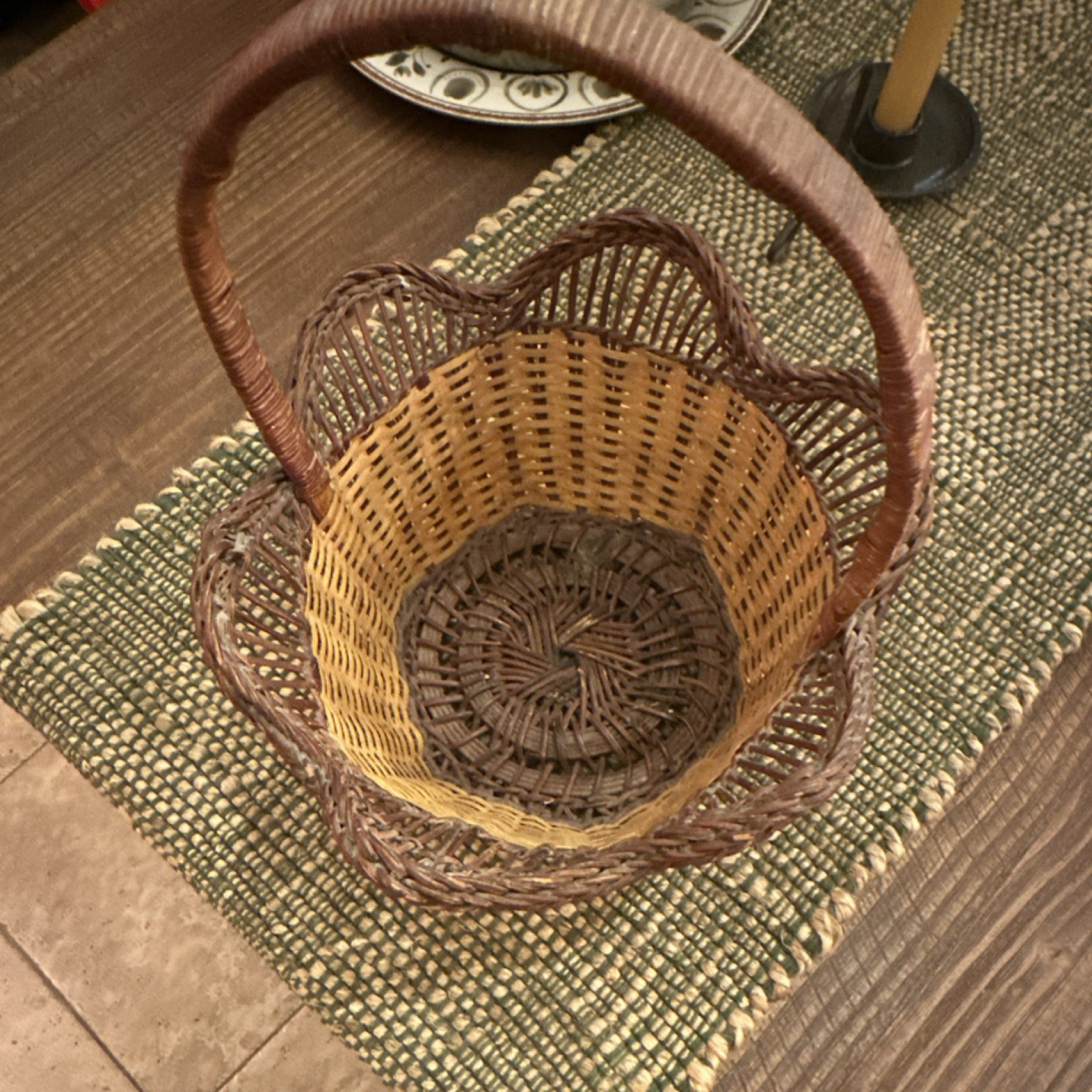 Wicker Round Decorative Basket with Handle, Brown Beige, Indoor Home Décor